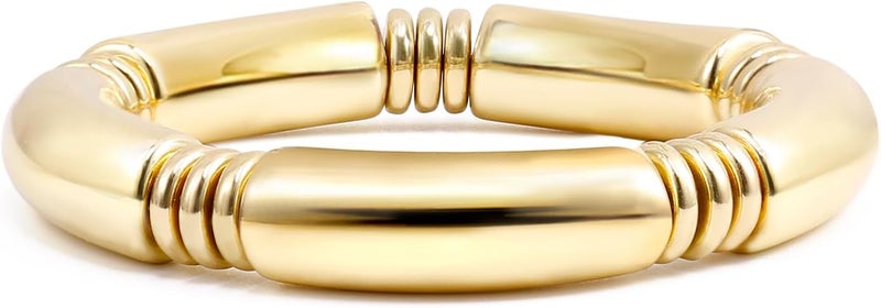Badu Gold Chunky Bangles Bracelets For Women 14k Gold Plated Stack Layered Curved Bamboo Tube Stretch Bracelets Gift Jewelry - Image 1